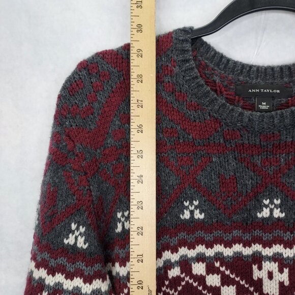 Ann Taylor Sweater Medium Gray Chianti White Snowflake Side Zip Wool Fair Isles - Picture 11 of 13